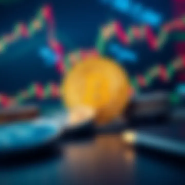 A graphic showing Bitcoin coins with fluctuating price charts in the background, illustrating market activity and dominance.