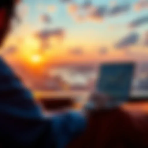 A person looking at a laptop with a bitcoin chart, dreaming of travel and a new home.