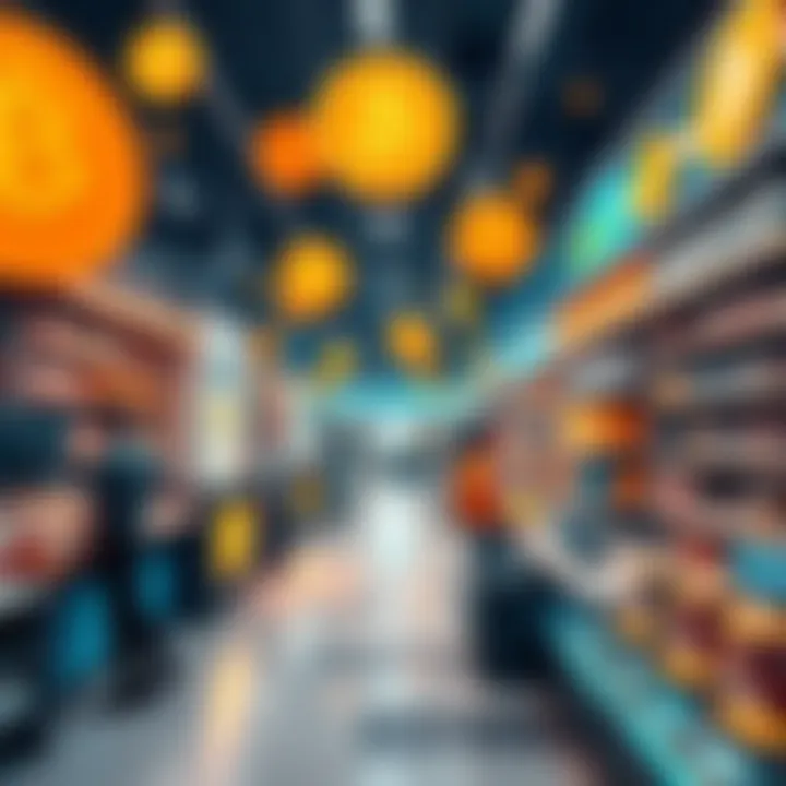 A chaotic scene depicting a futuristic drugstore with Bitcoin symbols, showcasing people interacting with digital displays, surrounded by medical supplies and cryptocurrency transactions.