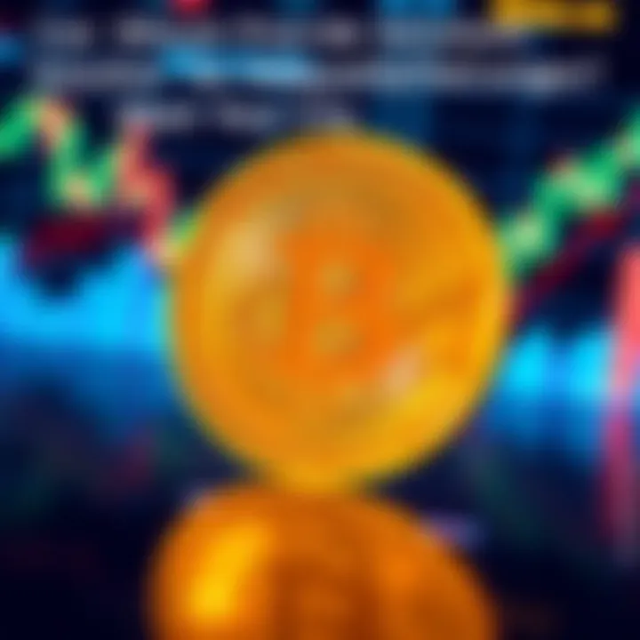 A Bitcoin symbol with financial graphs showing trends