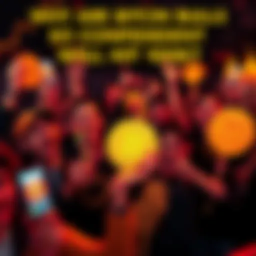 A group of people celebrating with Bitcoin signs and charts showing upward trends