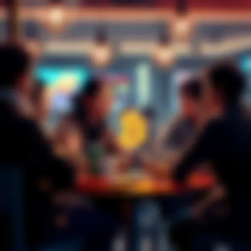 Group of Bitcoin followers discussing cryptocurrency trends at a cafe.