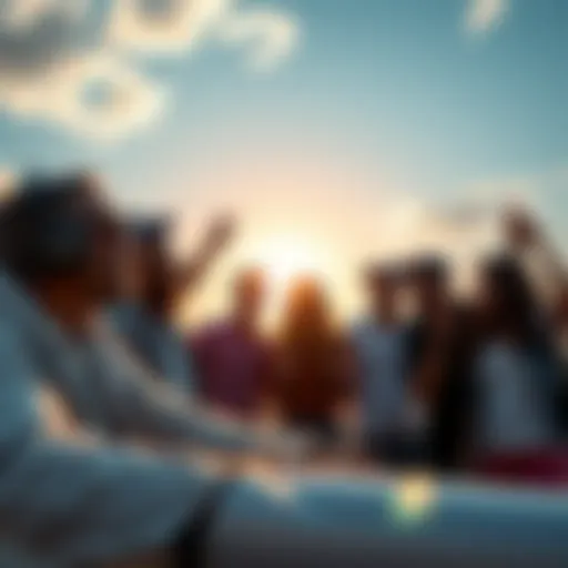 A group of excited Bitcoin enthusiasts outdoors, discussing investment strategies under a sunny sky.