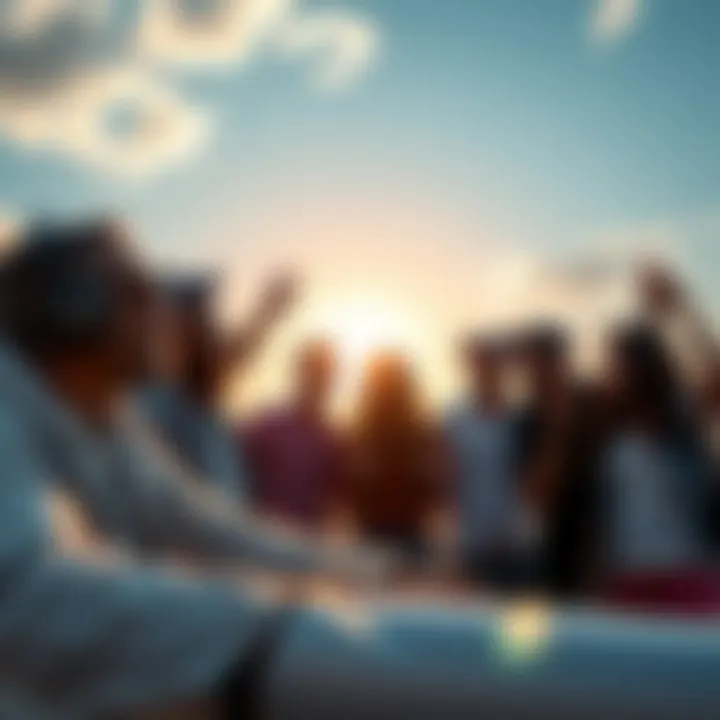 Bitcoin enthusiasts promoting their investments A group of excited Bitcoin enthusiasts outdoors, discussing investment strategies under a sunny sky.