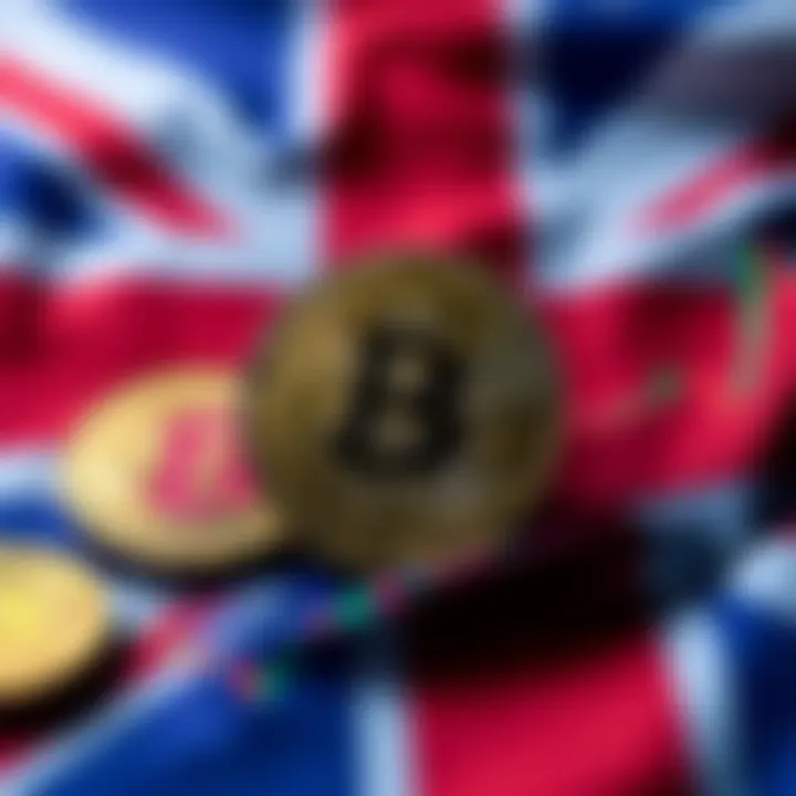 A graphic showing Bitcoin symbols and financial charts with a UK flag background, indicating the accessibility of Bitcoin ETFs for investors in the UK.