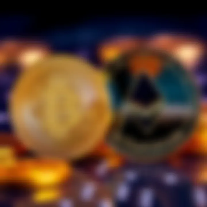 A split image of Bitcoin and Ethereum coins, representing investment choices for 2030.