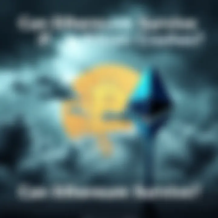 Bitcoin and Ethereum symbols with a stormy backdrop The Bitcoin symbol in distress surrounded by dark clouds, while the Ethereum symbol stands firm in the foreground, symbolizing resilience amidst market volatility