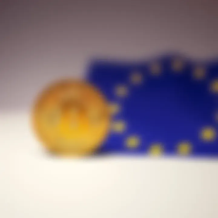 A Bitcoin symbol next to the European Union flag, symbolizing the EU's scrutiny of cryptocurrency