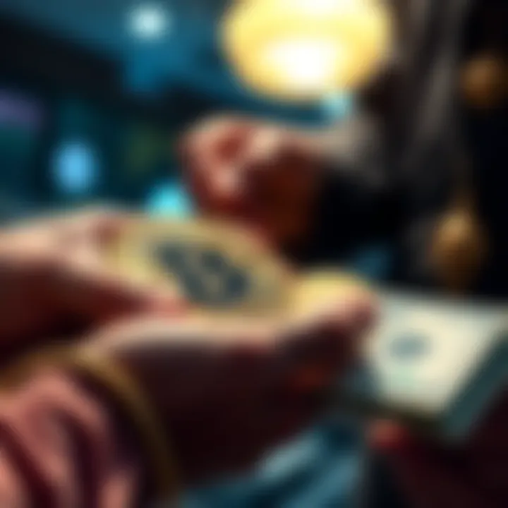 A scene showing Bitcoin coins being handed over in exchange for cash, illustrating the process of converting stolen Bitcoin to money.