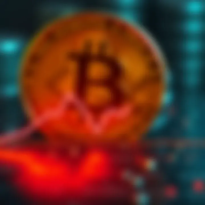 A graphic showing a downward trend line representing Bitcoin exchange levels hitting a six-year low, with a Bitcoin symbol in the background.