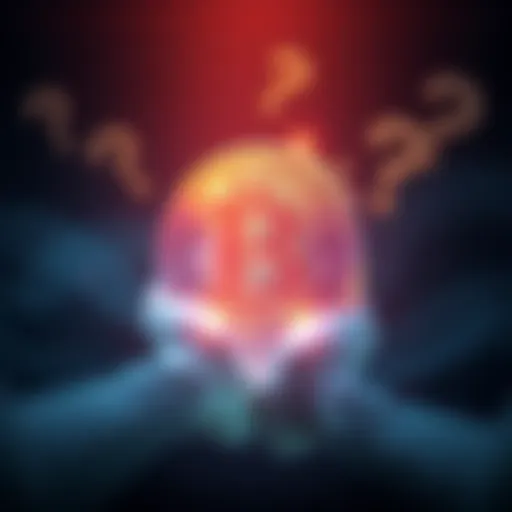 A Bitcoin symbol showing signs of fading, surrounded by question marks, representing uncertainty in its future.