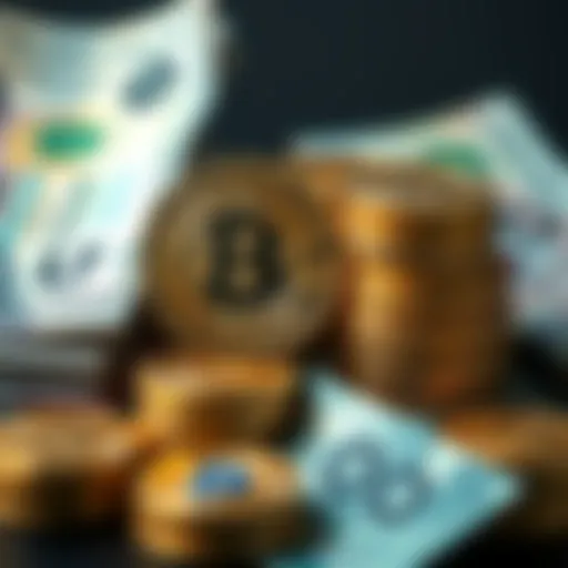 Bitcoin coins stacked with fiat currency A close-up of Bitcoin coins stacked beside various fiat bills, illustrating the contrast between the two forms of currency.