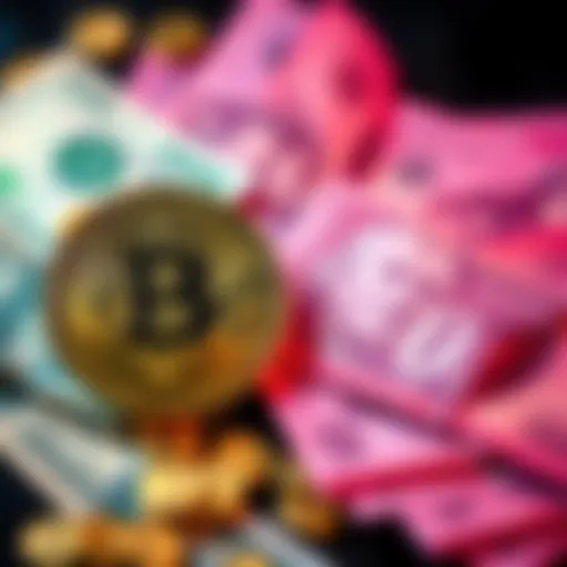 A digital representation of Bitcoin next to fiat money, illustrating the exchange process.