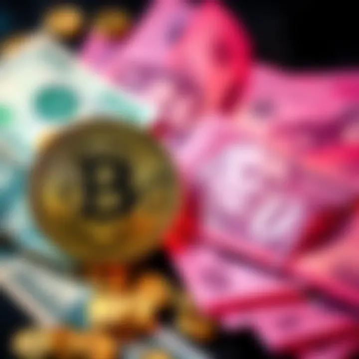 Bitcoin and Fiat Currency Exchange A digital representation of Bitcoin next to fiat money, illustrating the exchange process.