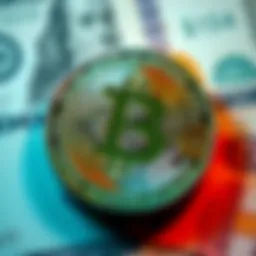 A visual representation of Bitcoin symbolizing its impact on the financial system, highlighting flaws and corruption, with currency notes in the background.