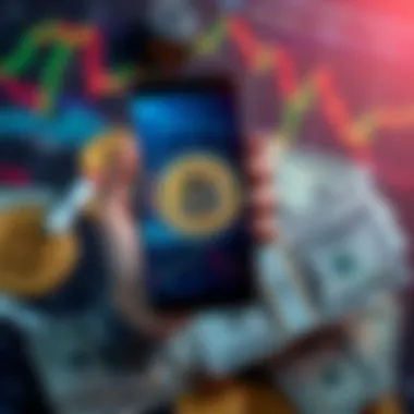 A person holding a smartphone displaying a Bitcoin symbol while surrounded by cash and financial charts.