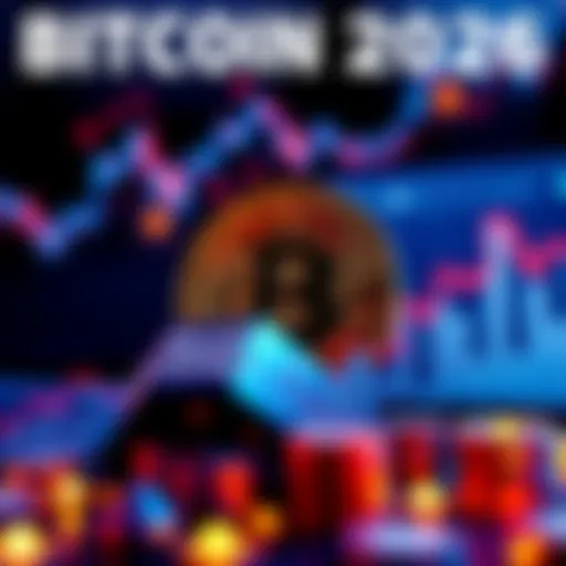 A Bitcoin symbol surrounded by rising financial graphs and digital currency icons, representing the growth of Bitcoin in 2026.