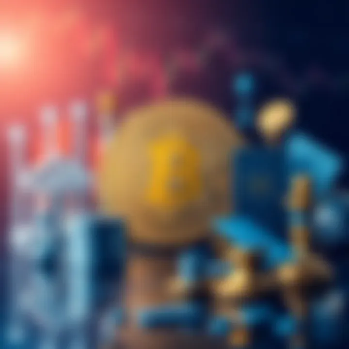 An illustration of Bitcoin alongside various financial symbols representing institutional adoption and regulations in the crypto market.