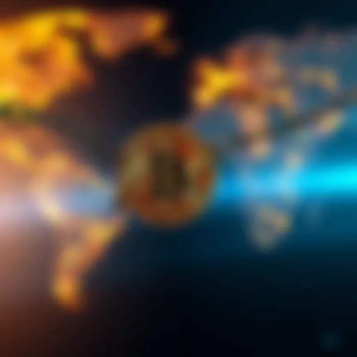 A graphic showing Bitcoin coins breaking chains symbolizing the release from traditional banking control, with a global map in the background representing accessibility.