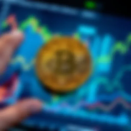 A large Bitcoin symbol surrounded by financial charts showing growth and investment trends