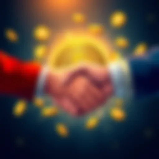 Illustration showing Bitcoin coins and a handshake symbolizing the U.S.–Iran financial deal