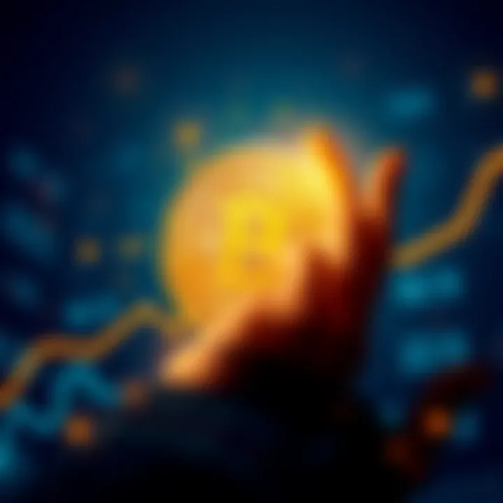 A Bitcoin symbol surrounded by a rising financial graph, representing financial freedom and independence