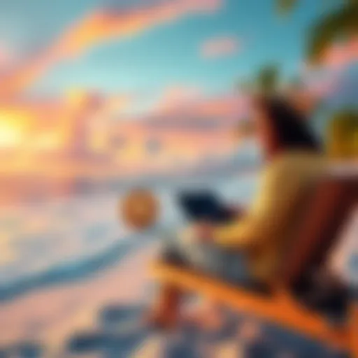 Bitcoin and financial freedom A person relaxing on a beach with a laptop, symbolizing financial freedom through Bitcoin investment.