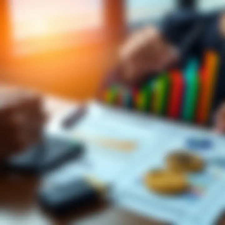 A person looking at Bitcoin value chart with a calculator and financial documents on a table