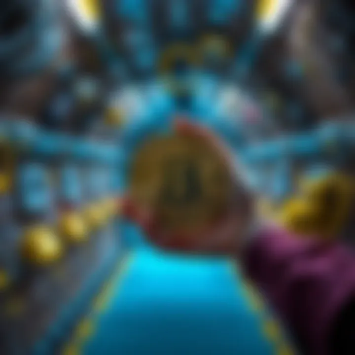 A person holding a Bitcoin symbol with safety gear in the background, symbolizing security and protection.