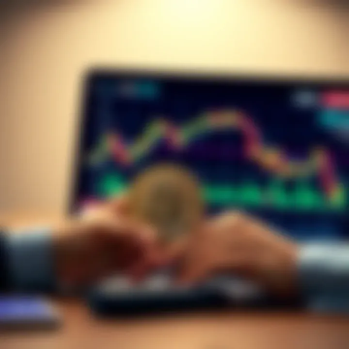 Bitcoin and financial security A person holding a Bitcoin symbol while looking at a financial chart on a laptop, representing Bitcoin as a key to financial security.