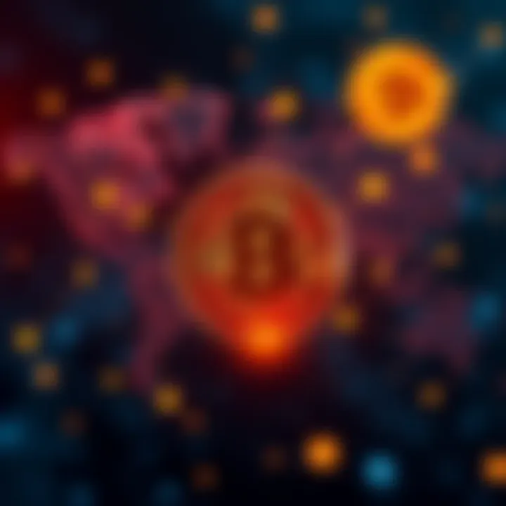 A digital representation of Bitcoin symbols overlaid on a world map, illustrating the concept of a new financial system.