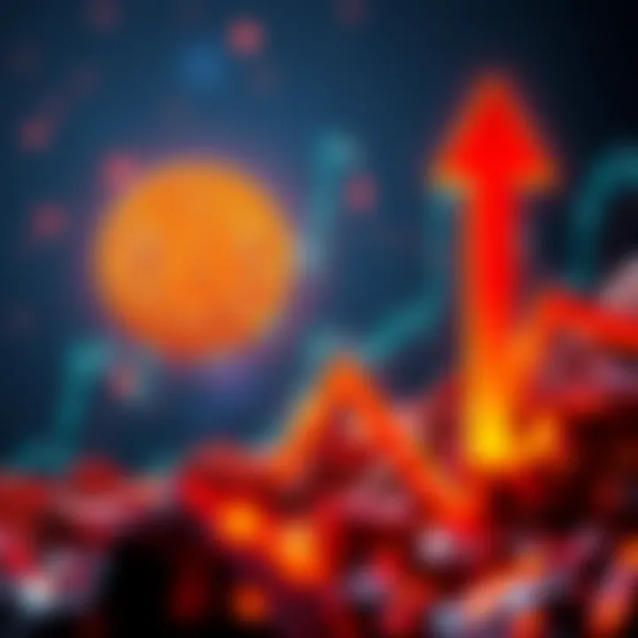 A graphic showing Bitcoin price changes with rising and falling arrows, symbolizing market volatility.