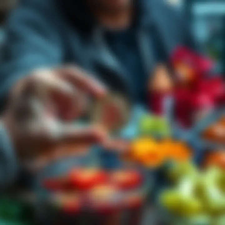A person holds a Bitcoin while standing next to a table of unhealthy, ultra-processed food items, showing the contrast between cryptocurrency and food quality.