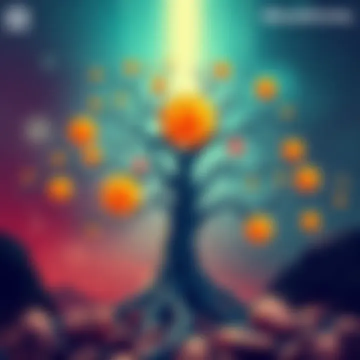 Bitcoin Forks Concept Illustration showing different Bitcoin forks represented as branches splitting from a main Bitcoin tree, indicating the growth of various cryptocurrencies.