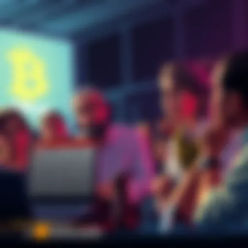 Bitcoin forum debate A group of people discussing Bitcoin, one person looking frustrated while another points at a laptop with a warning sign.