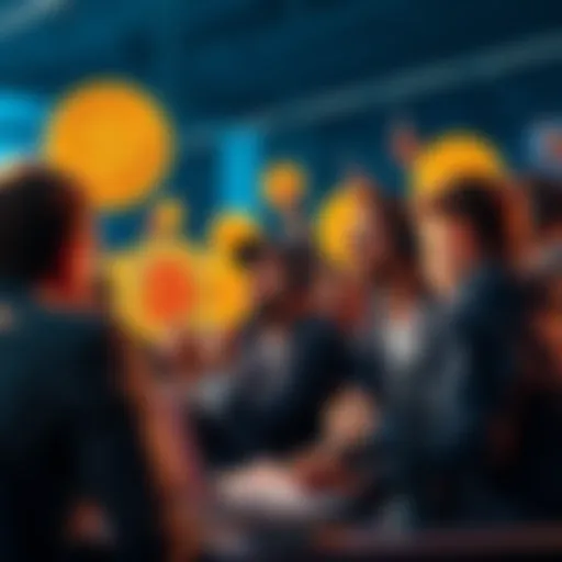 A group of Bitcoin supporters passionately discussing on a forum, while frustrated alternative cryptocurrency supporters watch