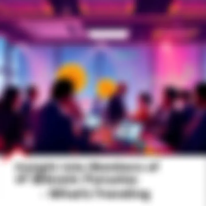 A group of people engaged in conversation about Bitcoin, with laptops and charts around them, showcasing discussions in a forum-like setting.