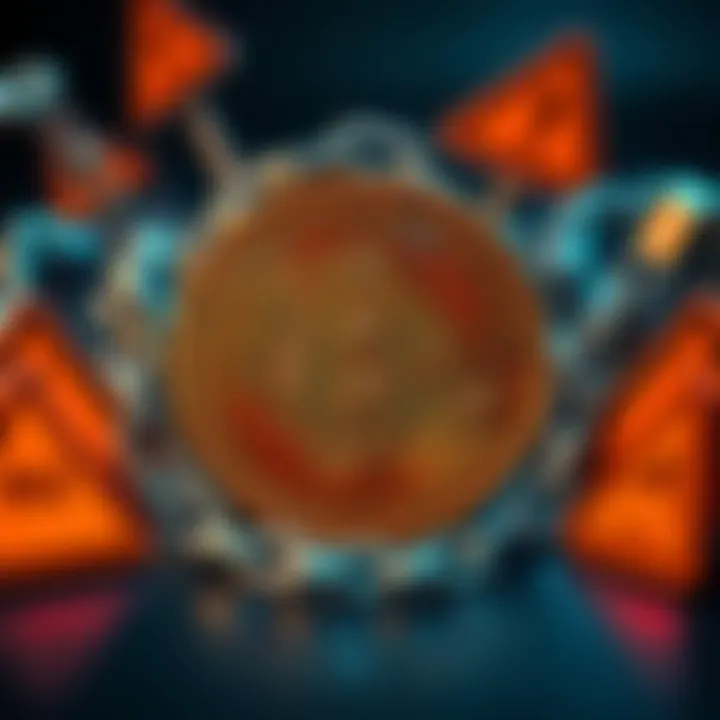 A Bitcoin logo surrounded by symbols of fraud, such as chains and warning signs, reflecting claims of illegitimacy.