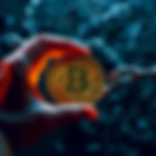 A person holding a Bitcoin symbol with a background of a broken chain representing freedom from fiat currency.