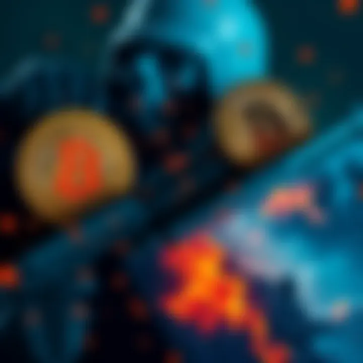 A graphic showing Bitcoin symbols alongside images of war and conflict, illustrating the concept of funding and defunding wars with cryptocurrency.
