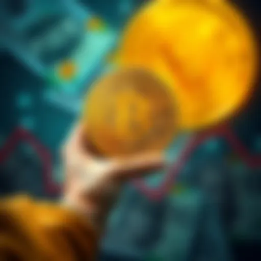 Bitcoin as a Future Currency A person holding a Bitcoin symbol while standing in front of declining traditional currency notes, symbolizing the shift to Bitcoin.
