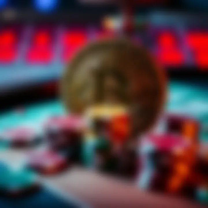 A visual representation of Bitcoin symbol along with casino chips, showing its link to gambling and financial transactions.