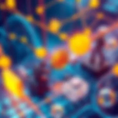 Illustration showing miners, users, and developers interacting in a digital network with elements of collaboration and trust