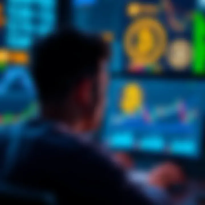 A person looking at a computer screen displaying bitcoin symbols and charts, illustrating the process of generating bitcoins.