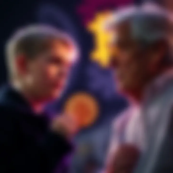 A young person holding a Bitcoin symbol while an older person looks on, representing the generational divide in financial independence.