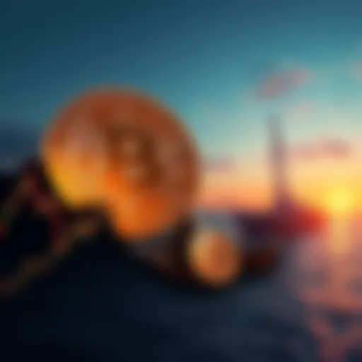 A representation of Bitcoin symbol intertwined with images of the Strait of Hormuz and financial charts, reflecting its new role in global discussions and ETF activities.