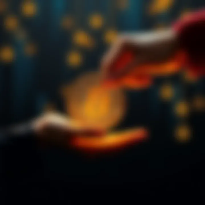 Bitcoin as a Gift A person handing over a Bitcoin symbol to another person, representing the idea of gifting wealth instead of owning it.