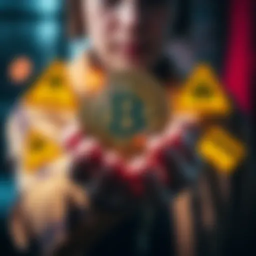 A person holding a Bitcoin symbol with warning signs around them, illustrating caution against scams