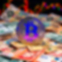 Bitcoin symbol towering over various fiat currency notes from around the world