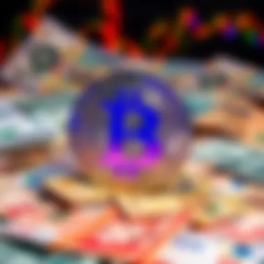 Bitcoin symbol towering over various fiat currency notes from around the world